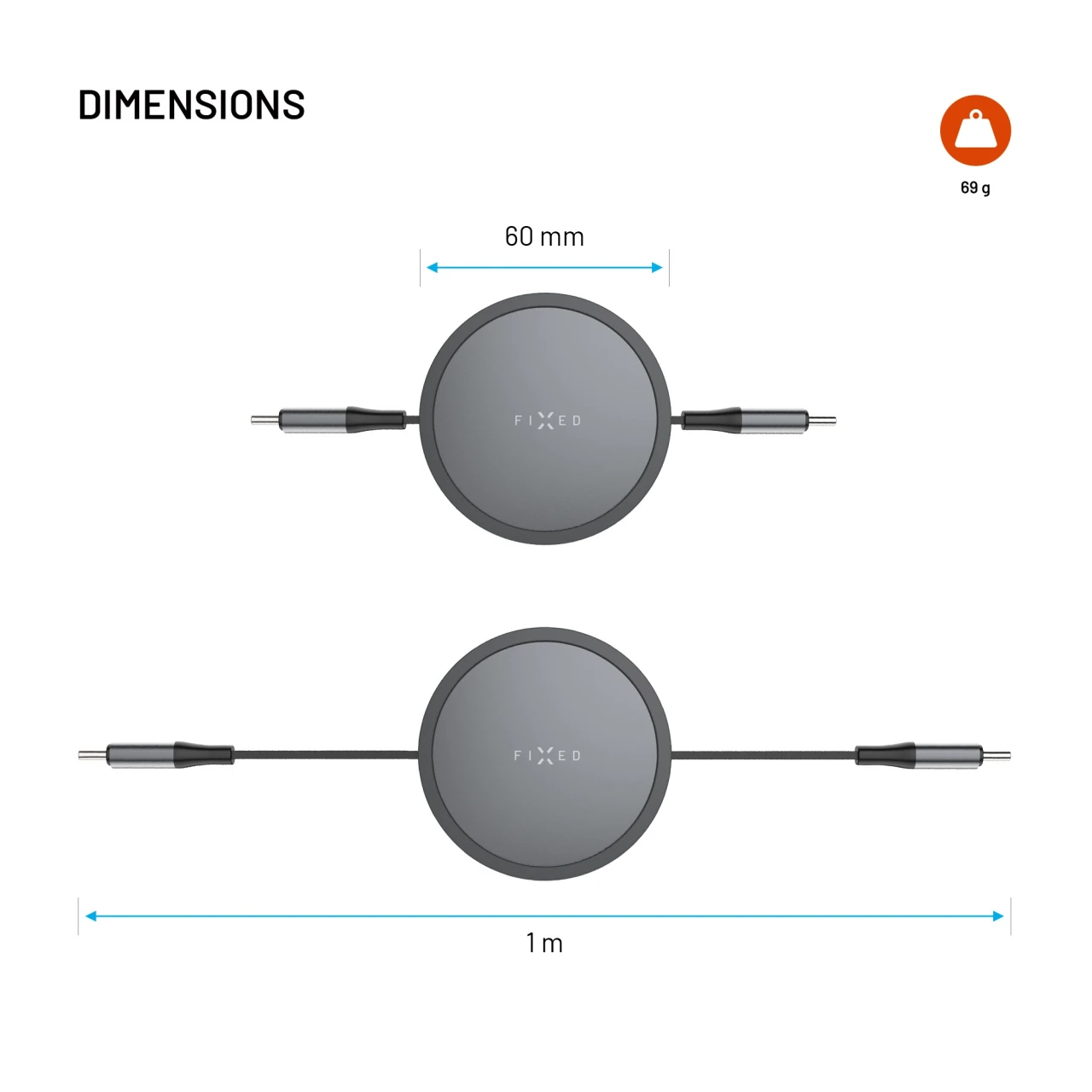 Navíjecí kabel FIXED Retractable Cable s konektory USB-C/USB-C, 1m, PD 100W, 480Mbps, šedá