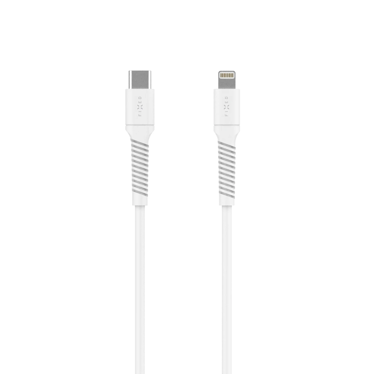Nabíjecí a datový Liquid silicone kabel FIXED s konektory USB-C/Lightning a podporou PD, 1.2m, USB 2.0, 60W, bílá