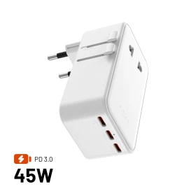 Cestovní adaptér FIXED Voyager Slim 45W pro EU, UK a USA/AUS, s 3xUSB-C a USB výstupem, GaN, PD 45W, bílá