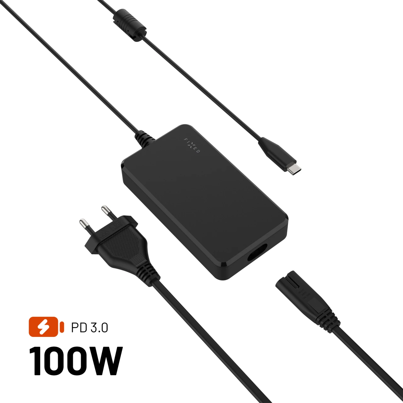 Nabíjecí GaN adaptér FIXED pro notebooky s USB-C, podpora PD 3.0, 100W, černá