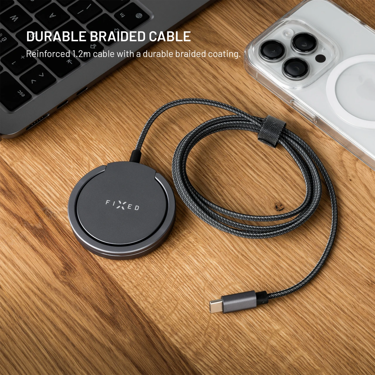 Bezdrátová nabíječka FIXED MagPad Pro s Qi2, podporou MagSafe a stojánkem, 15W, šedá