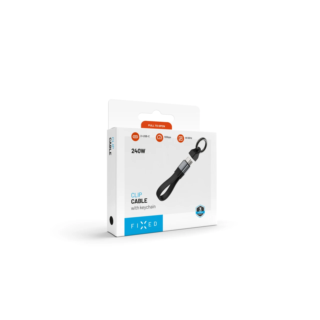 Kabel FIXED Clip Cable USB-C/USB-C, s karabinou, 3.2 Gen 2 10Gb/s, 4K60Hz, PD 240W, černá