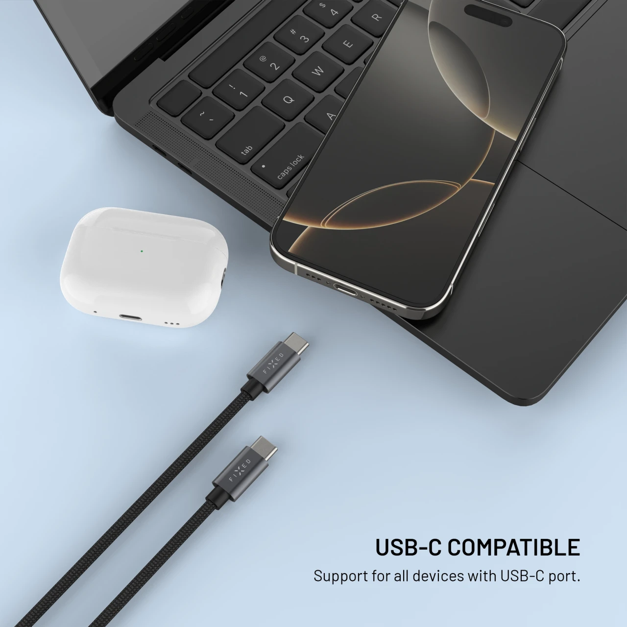 Opletený kabel FIXED Power Watch Cable s konektory USB-C/USB-C a Apple/Samsung Watch nabíječkou, 1.5m, PD 60W, šedý