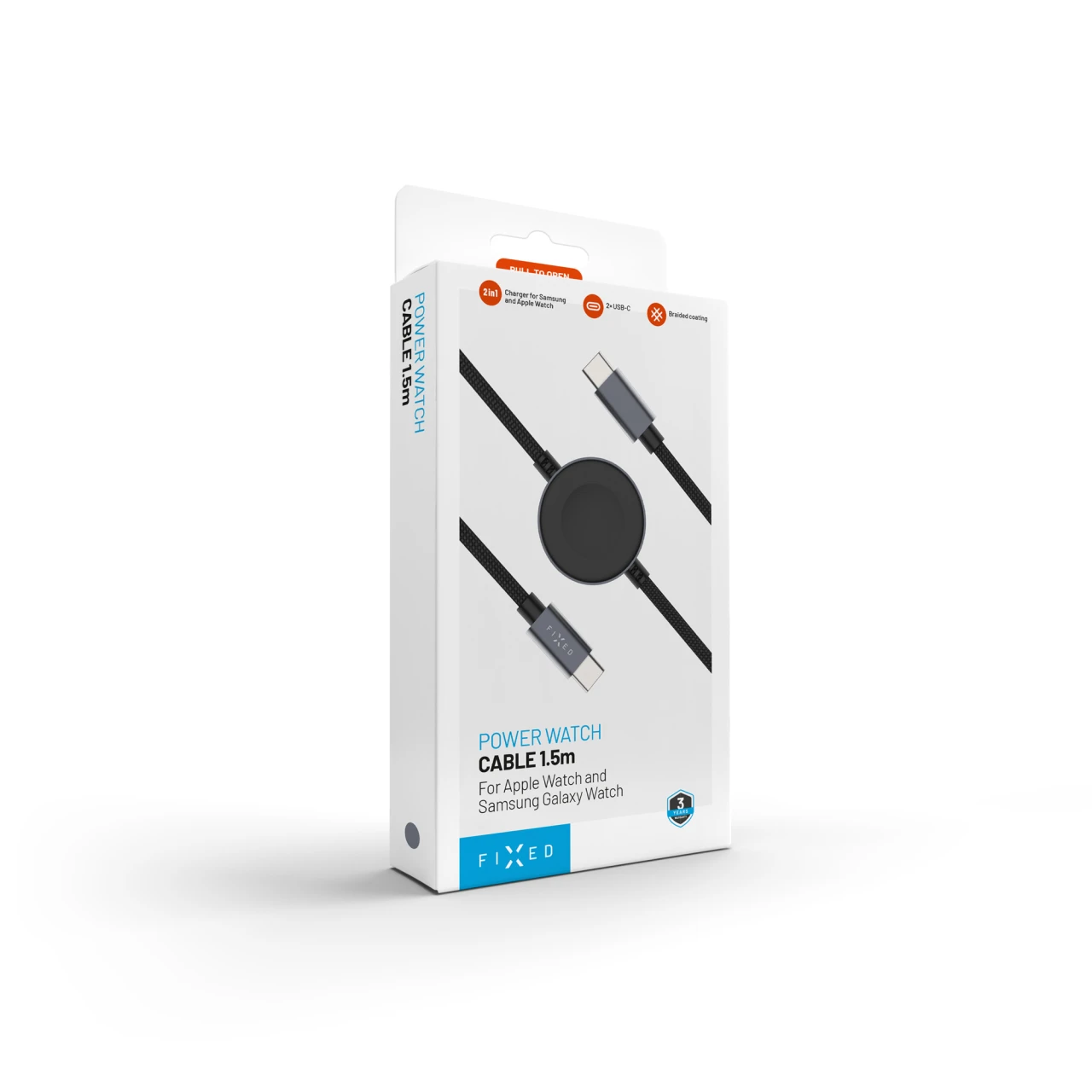 Opletený kabel FIXED Power Watch Cable s konektory USB-C/USB-C a Apple/Samsung Watch nabíječkou, 1.5m, PD 60W, šedý