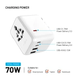 Cestovní adaptér FIXED Voyager 70W pro EU, UK a USA/AUS, s 3xUSB-C a 2xUSB výstupem, GaN, PD 70W, bílá