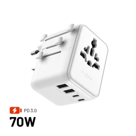 Cestovní adaptér FIXED Voyager 70W pro EU, UK a USA/AUS, s 3xUSB-C a 2xUSB výstupem, GaN, PD 70W, bílá