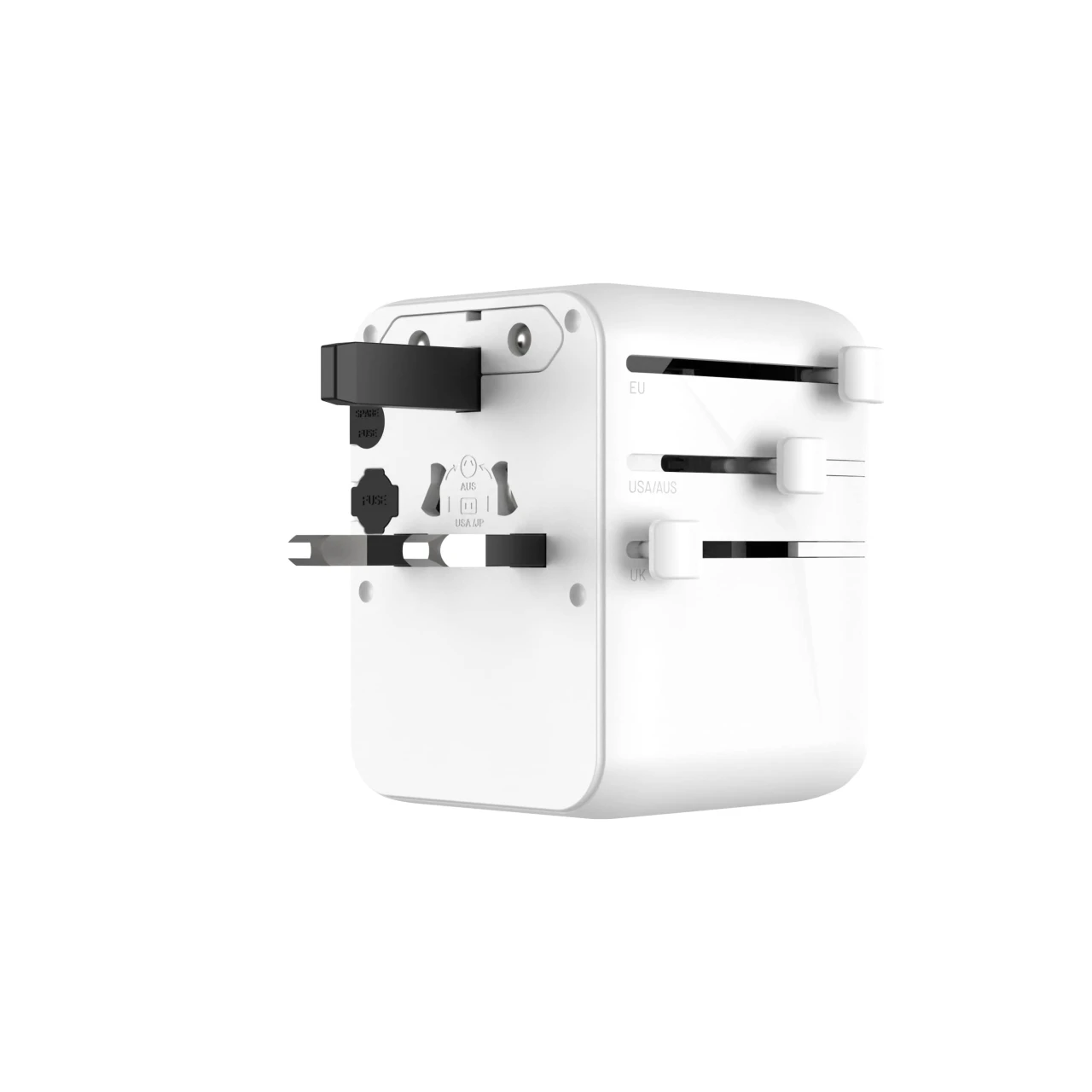 Cestovní adaptér FIXED Voyager 70W pro EU, UK a USA/AUS, s 3xUSB-C a 2xUSB výstupem, GaN, PD 70W, bílá