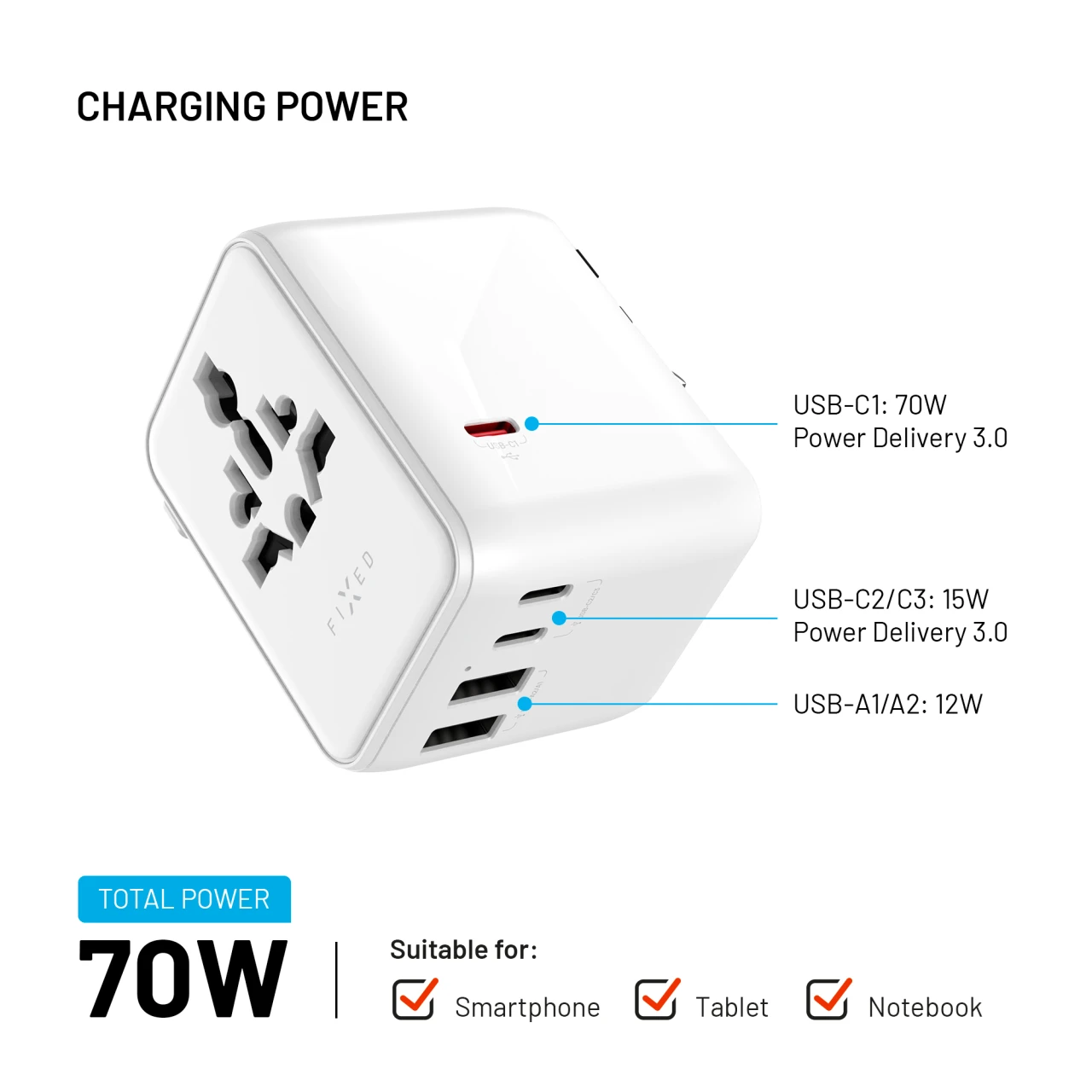 Cestovní adaptér FIXED Voyager 70W pro EU, UK a USA/AUS, s 3xUSB-C a 2xUSB výstupem, GaN, PD 70W, bílá