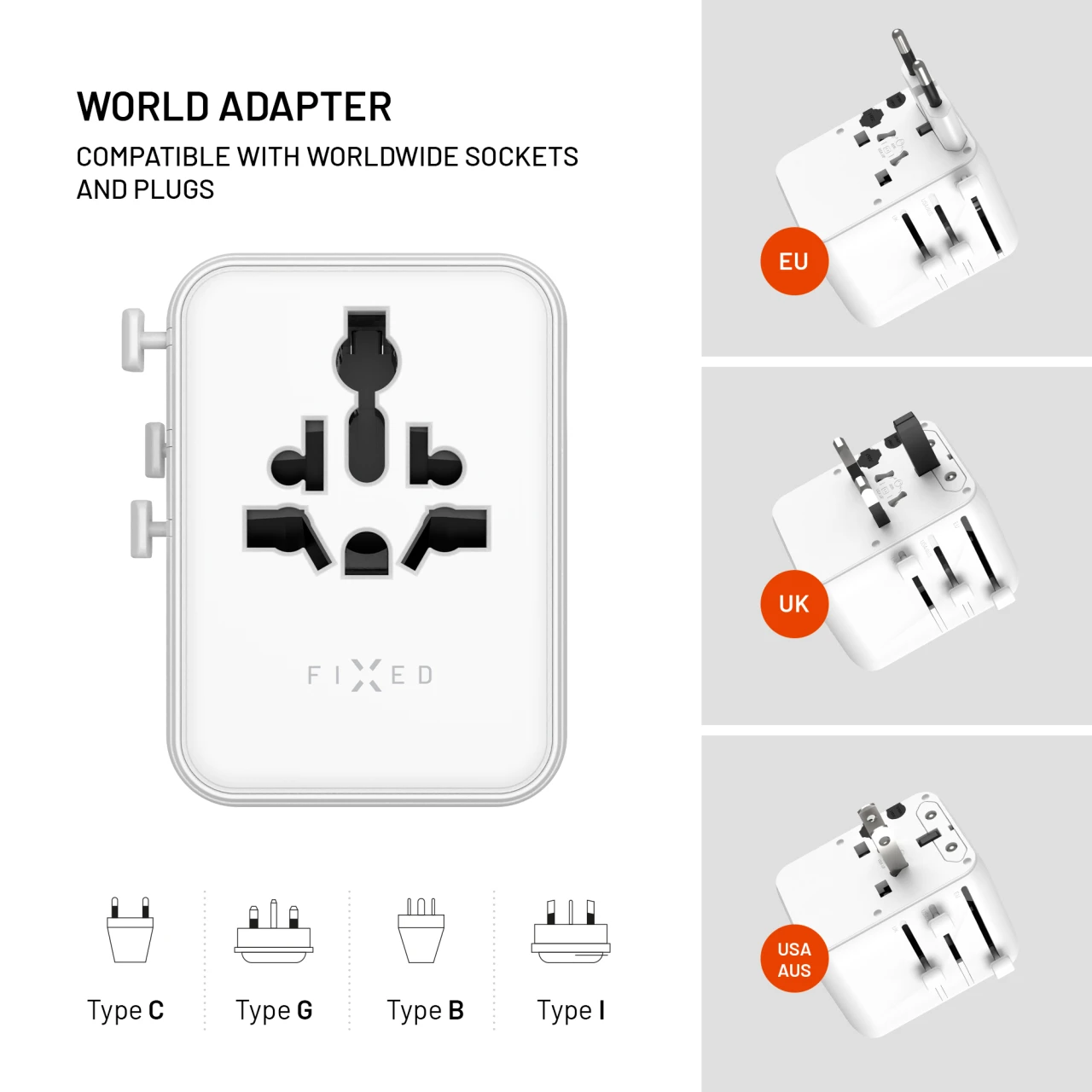 Cestovní adaptér FIXED Voyager 70W pro EU, UK a USA/AUS, s 3xUSB-C a 2xUSB výstupem, GaN, PD 70W, bílá