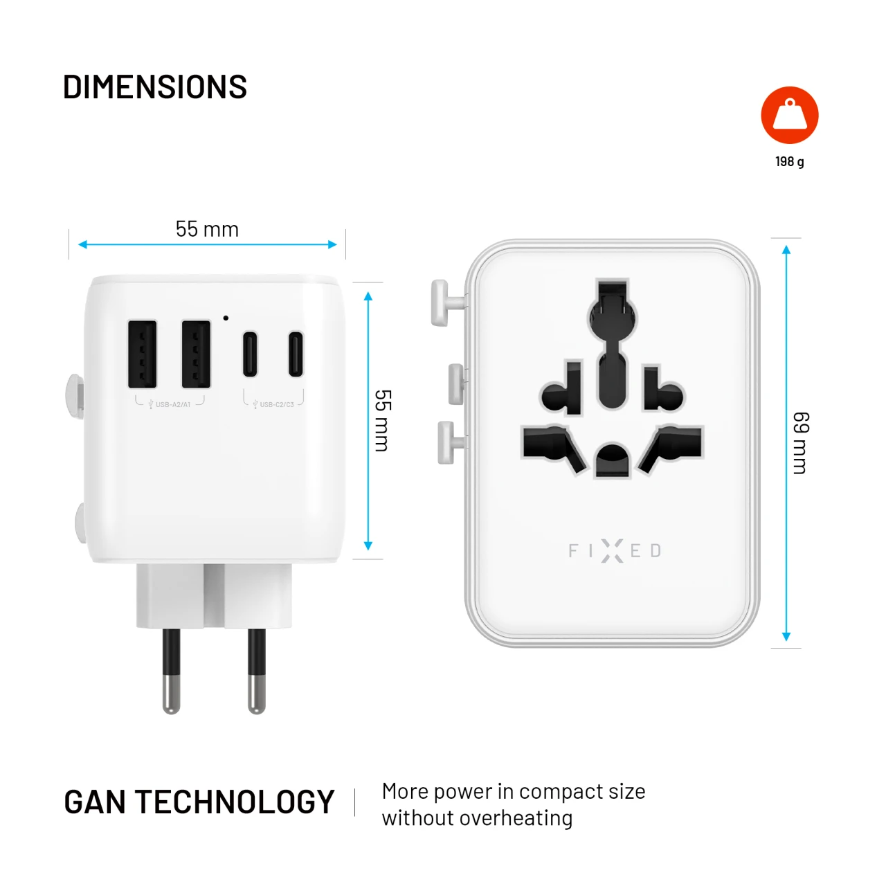 Cestovní adaptér FIXED Voyager 70W pro EU, UK a USA/AUS, s 3xUSB-C a 2xUSB výstupem, GaN, PD 70W, bílá
