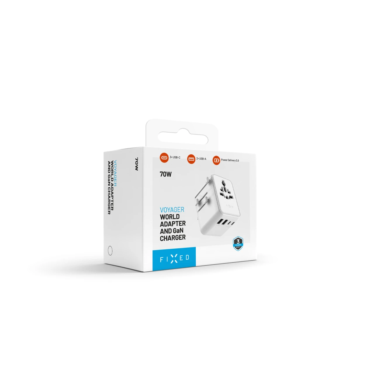 Cestovní adaptér FIXED Voyager 70W pro EU, UK a USA/AUS, s 3xUSB-C a 2xUSB výstupem, GaN, PD 70W, bílá