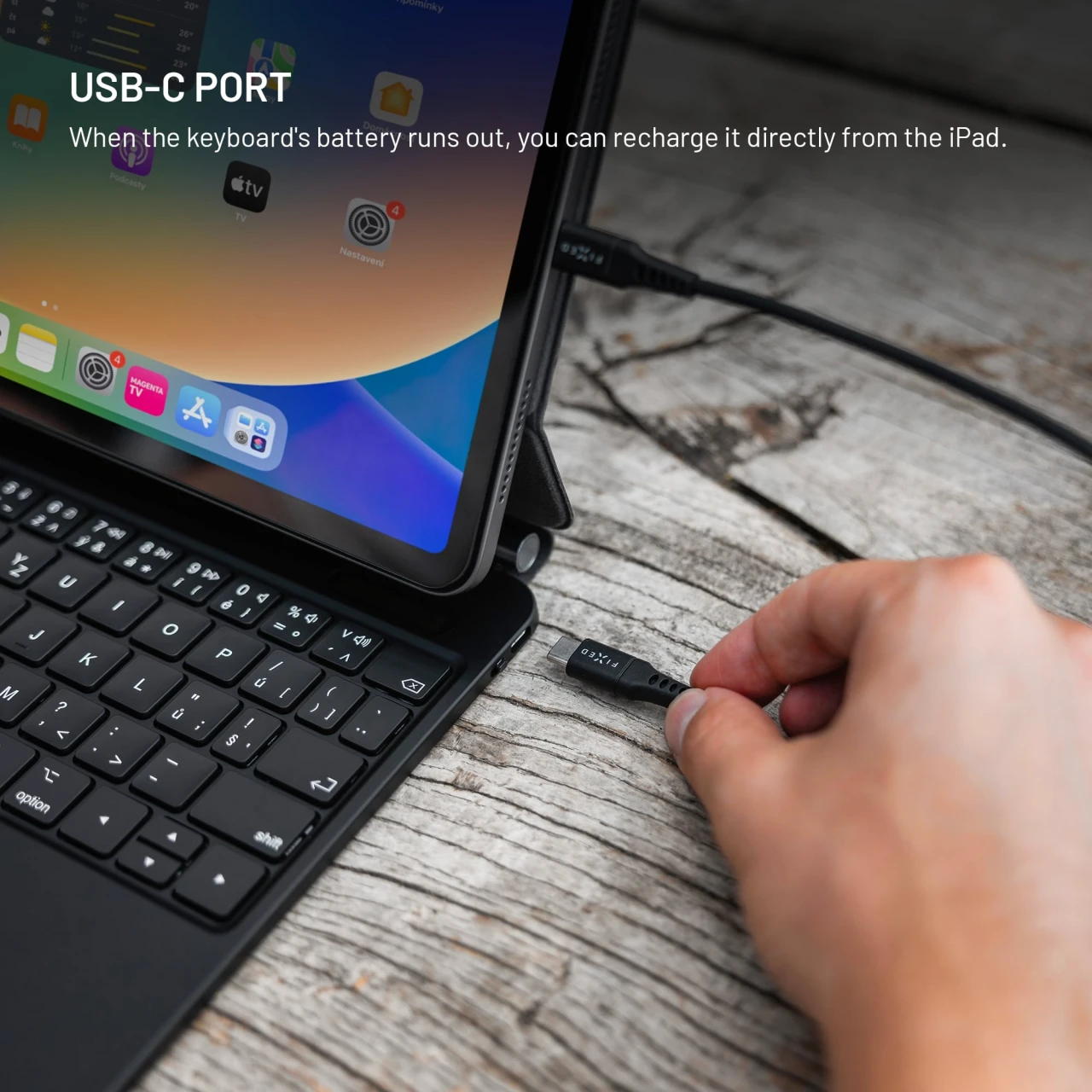 Pouzdro s bezdrátovou klávesnicí FIXED Typee pro Apple iPad Pro 12,9" (2018-2022)/iPad Pro 13"/iPad Air 13", CZ, černá