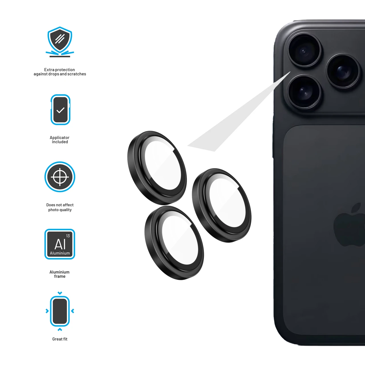 Ochranná skla čoček fotoaparátů FIXED Armor Camera Glass pro Apple iPhone 17 Pro/Pro Max, černá