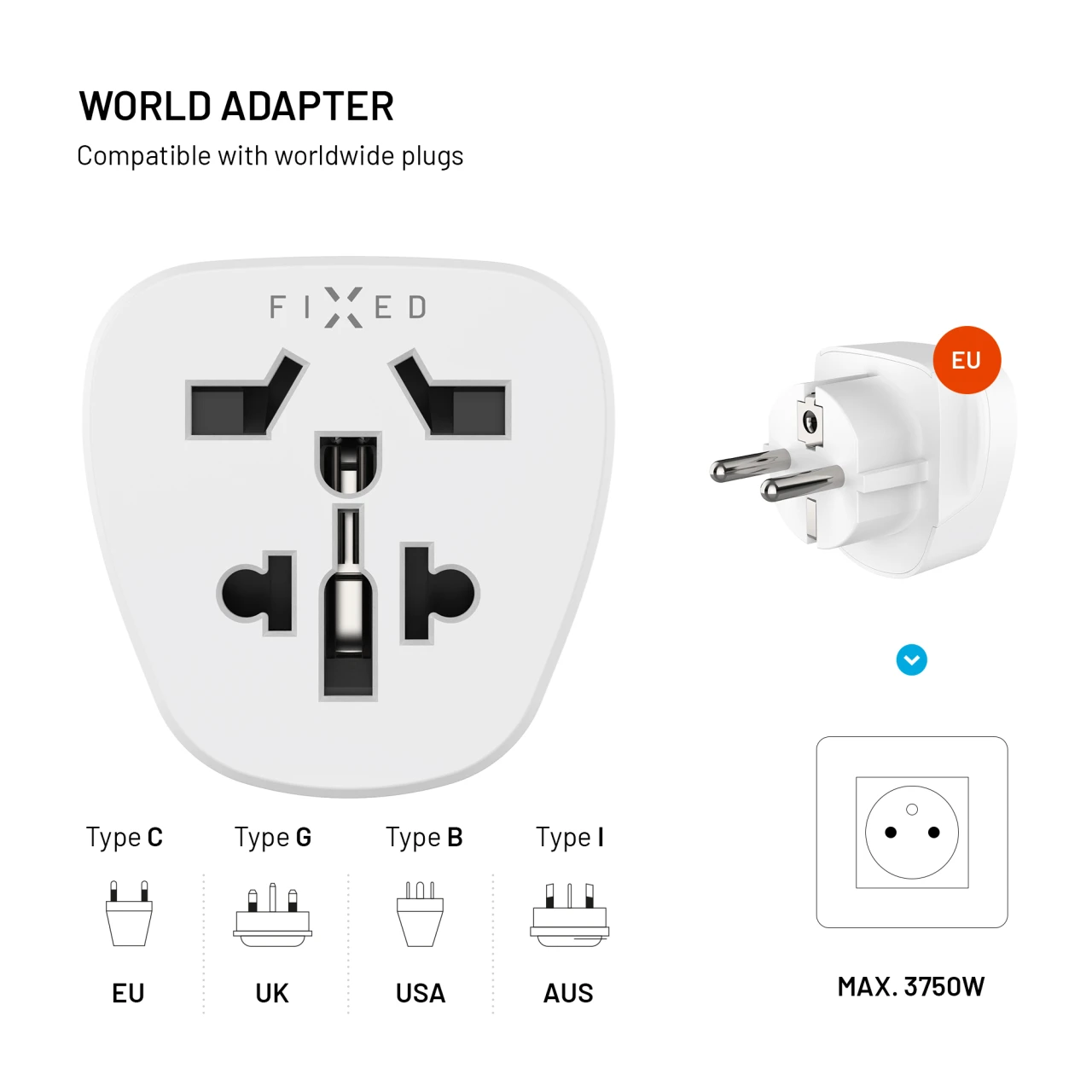Adaptér FIXED EU Adapter 2 pro zapojení UK, US, AUS zařízení do EU zásuvek, bílá
