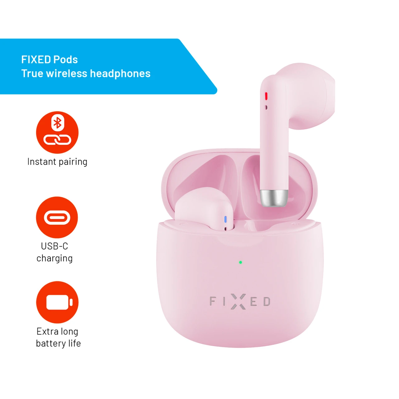 Bezdrátová TWS sluchátka FIXED Pods, růžová