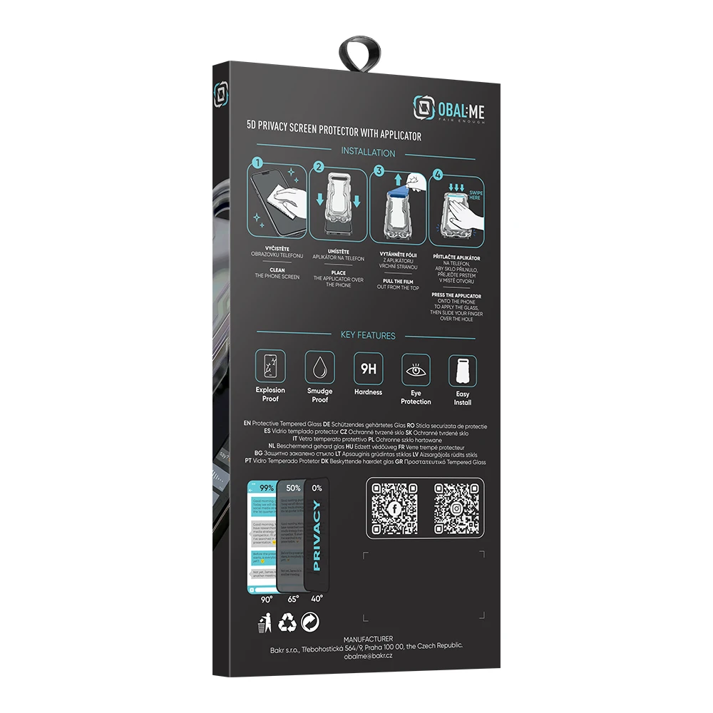OBAL:ME Privacy 5D Tvrzené Sklo s Aplikátorem pro Apple iPhone 15/16 Black