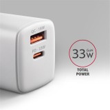 AXAGON ACU-PQ33W, GaN nabíječka do sítě 33W, USB-A + USB-C, PD3.0/PPS/QC4+/SFC2.0/Apple, bílá