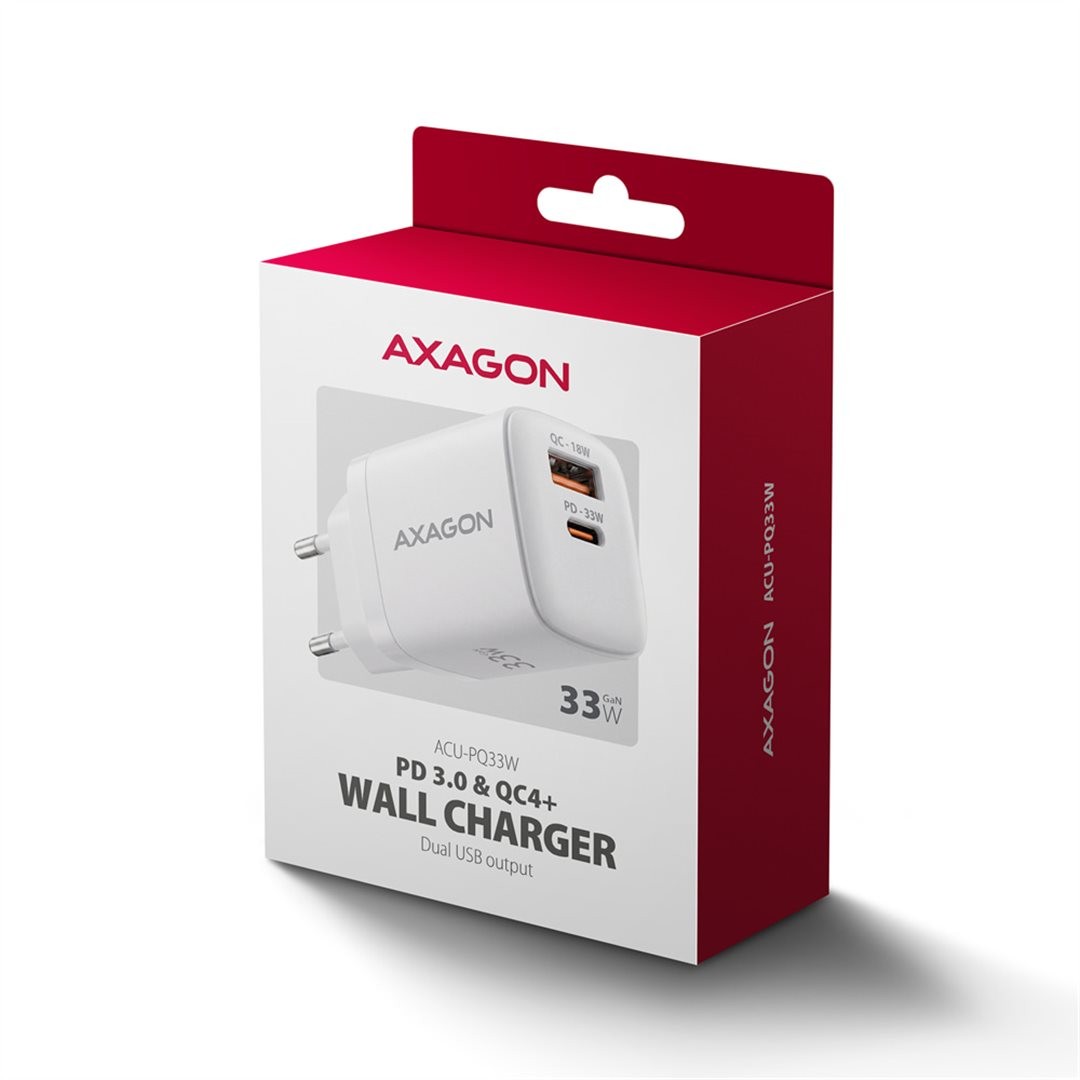 AXAGON ACU-PQ33W, GaN nabíječka do sítě 33W, USB-A + USB-C, PD3.0/PPS/QC4+/SFC2.0/Apple, bílá