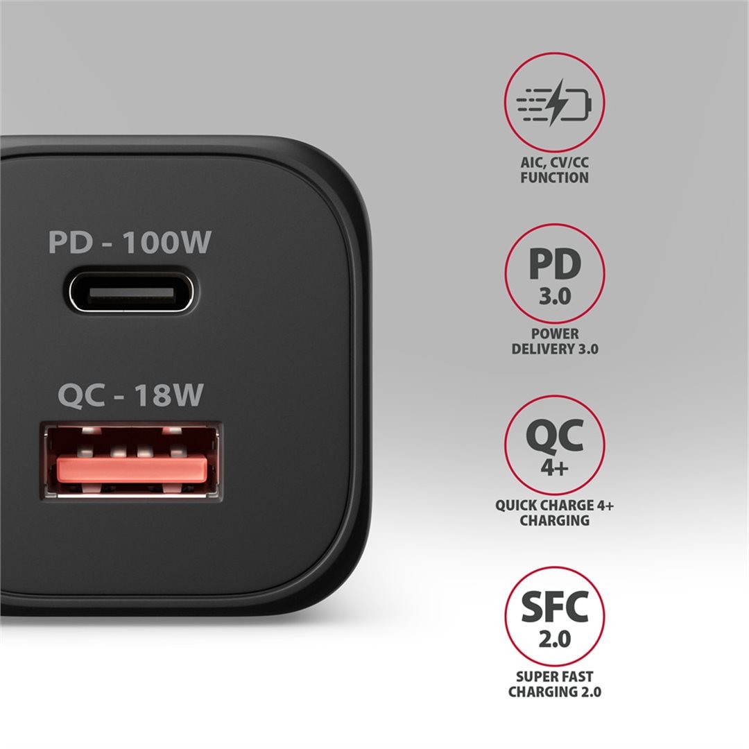 AXAGON ACU-PQ100, GaN nabíječka do sítě 100W, USB-A + USB-C, PD3.0/PPS/QC4+/SFC2.0/Apple, černá