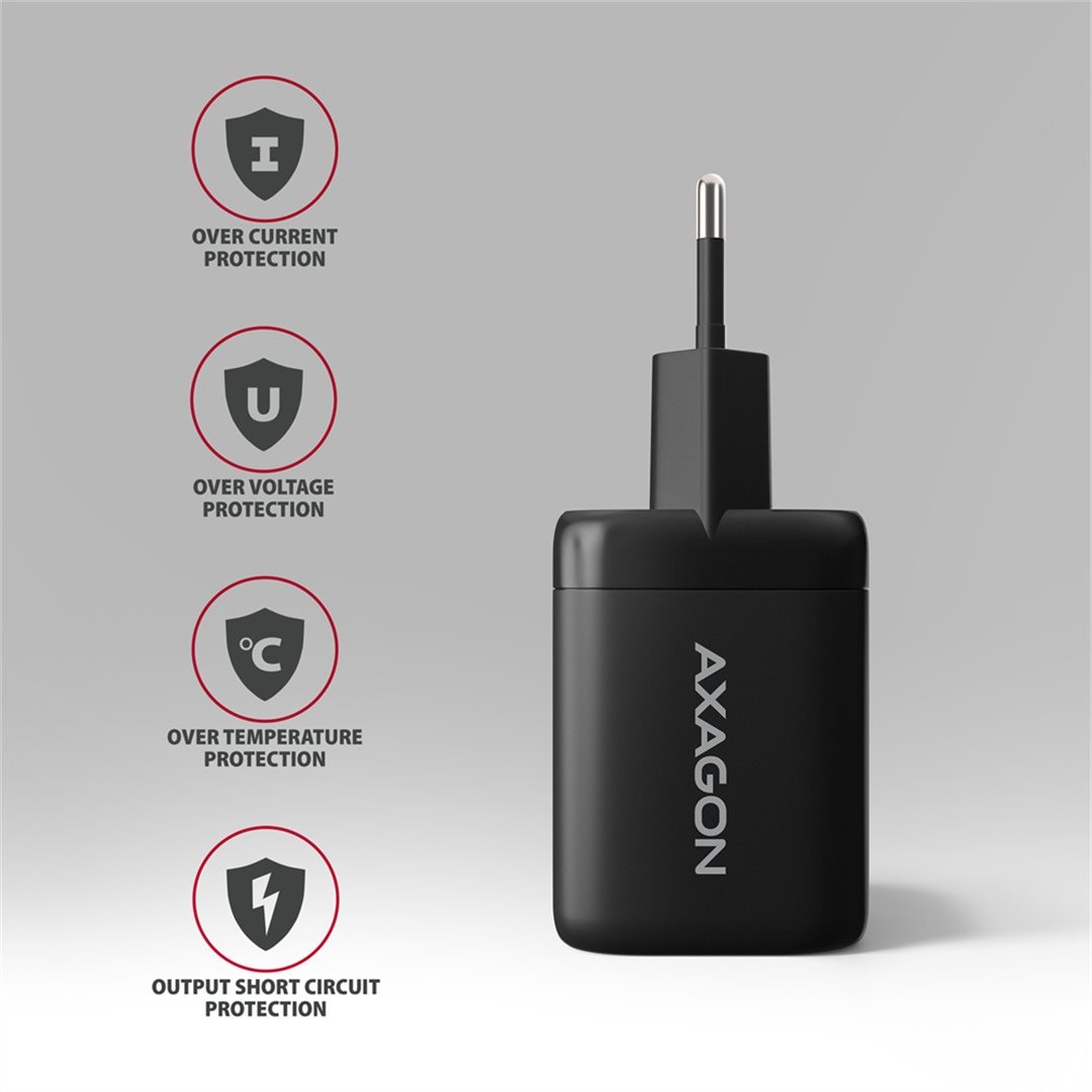 AXAGON ACU-PQ100, GaN nabíječka do sítě 100W, USB-A + USB-C, PD3.0/PPS/QC4+/SFC2.0/Apple, černá