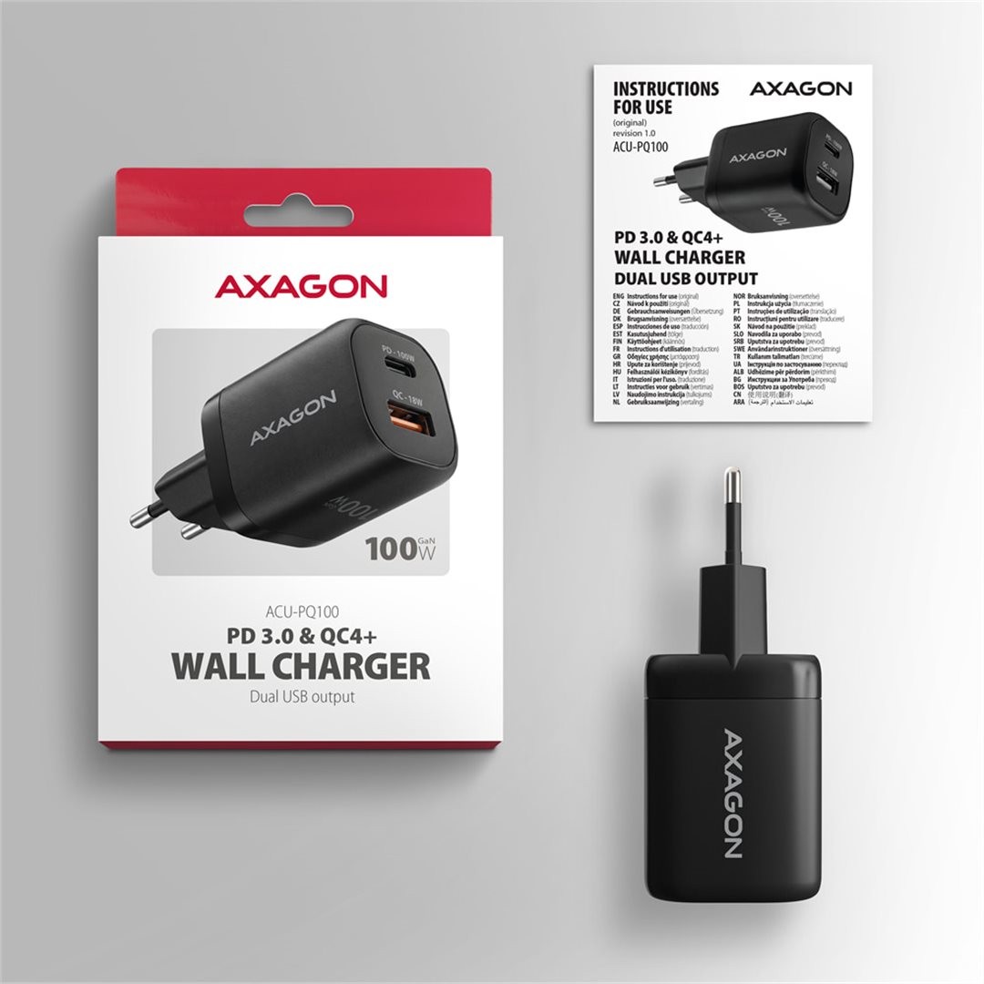 AXAGON ACU-PQ100, GaN nabíječka do sítě 100W, USB-A + USB-C, PD3.0/PPS/QC4+/SFC2.0/Apple, černá