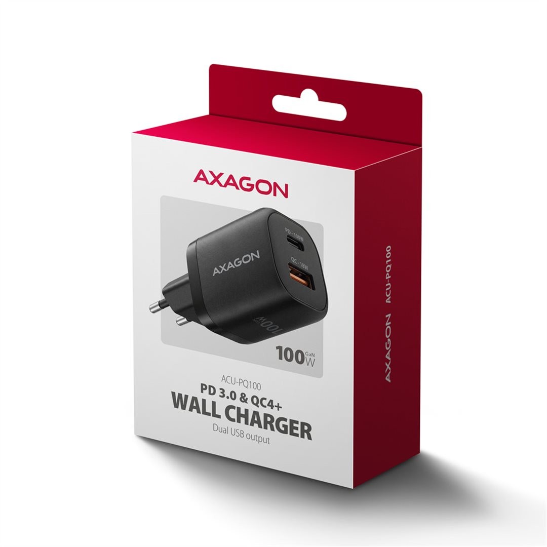 AXAGON ACU-PQ100, GaN nabíječka do sítě 100W, USB-A + USB-C, PD3.0/PPS/QC4+/SFC2.0/Apple, černá