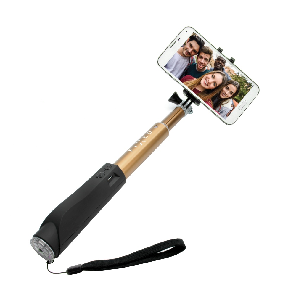 Teleskopická selfie tyč FIXED v luxusním hliníkovém provedení s BT spouští, zlatáD v luxusním hliníkovém provedení s BT spouští, zlatý