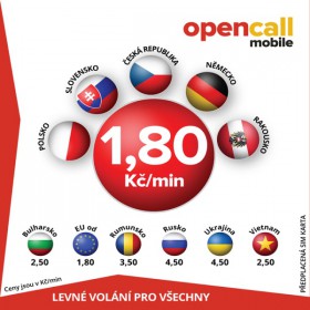 Predplatená SIM karta OpenCall s kreditom 200Kč, volania do všetkých sietí v SR 1,80 Kč/ min