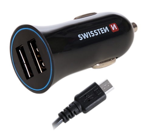 Nabíjačka do auta Adapter CL SWISSTEN 2x USB + kábel 2,4A, čierna (BLISTER)