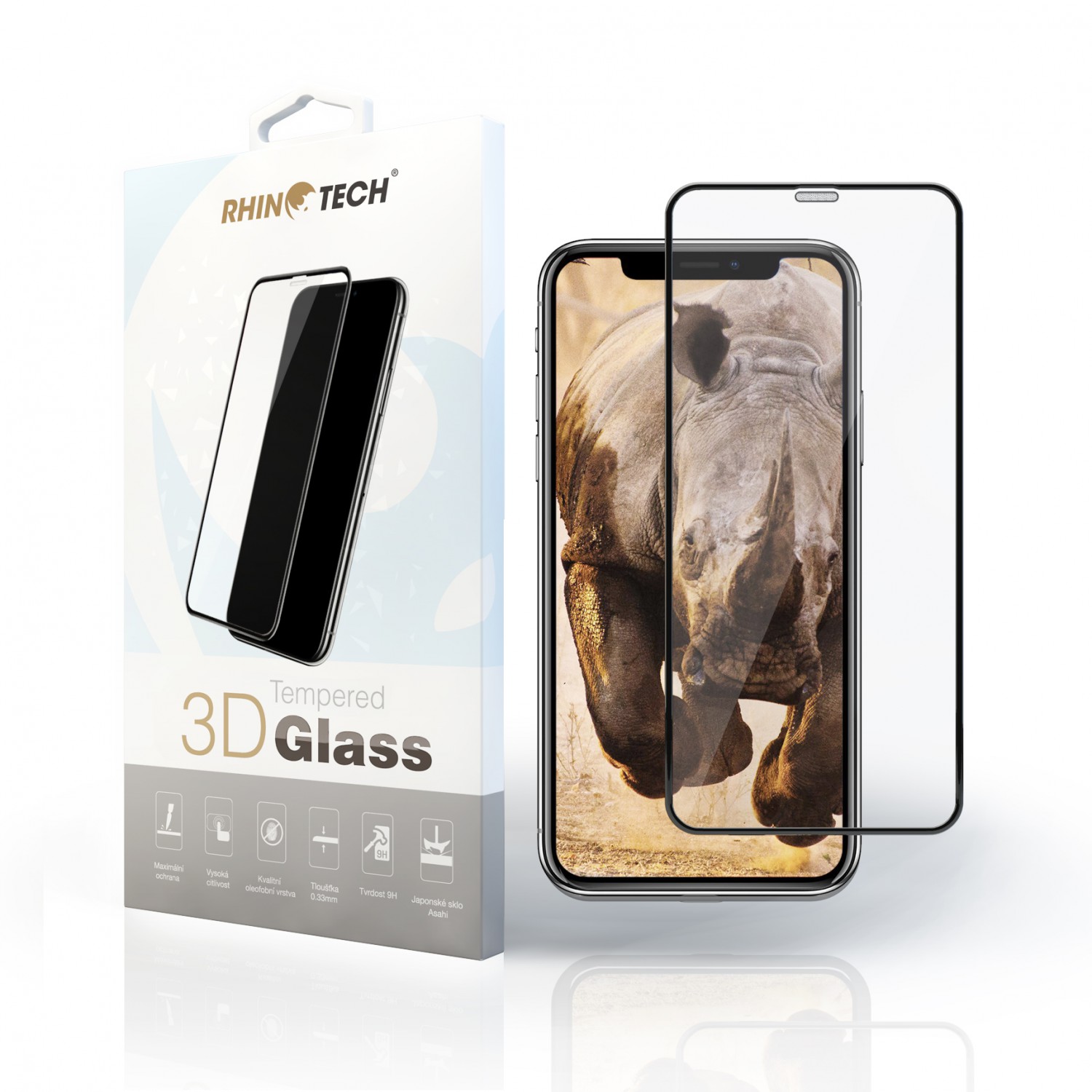 Tvrdené 3D sklo RhinoTech pre Apple iPhone X, White