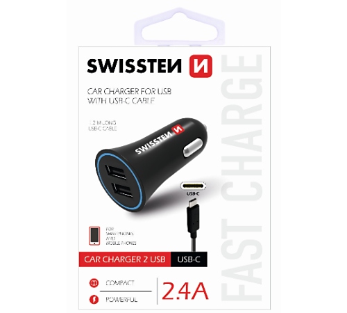 Adapter CL SWISSTEN 2x USB + USB-C kabel 2,4A, černá (BLISTR)