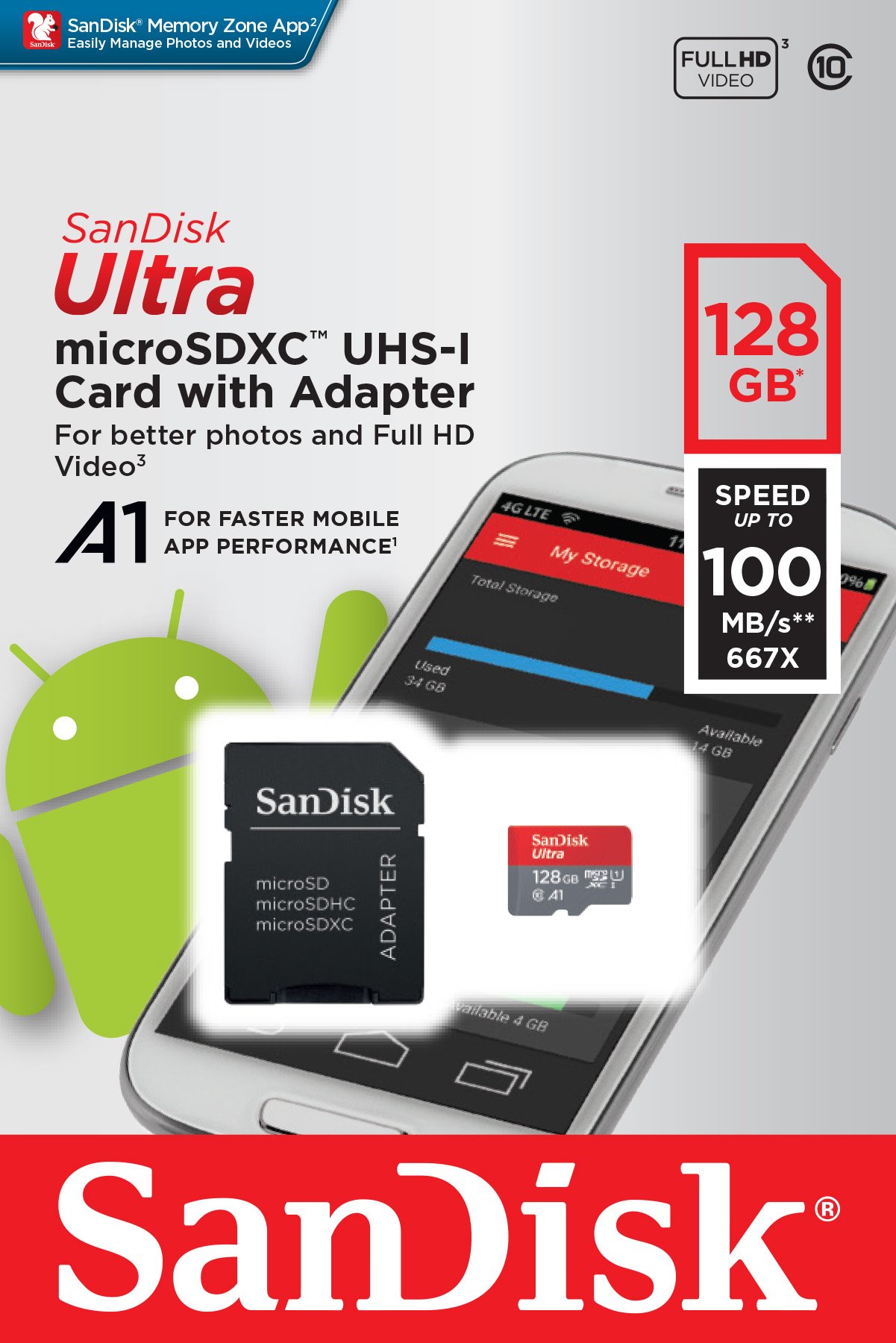 microSDXC 128GB Ultra Sandisk A1 Class 10 100MB / s vr. Adaptéru (EU Blister)