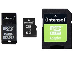Paměťová karta Intenso 32GB microSDHC, class 10 + adaptér + USB čtečka