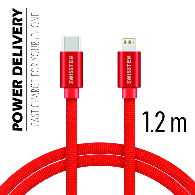 Dátový kábel Swissten Textile USB-C / Lightning 1,2 M, red