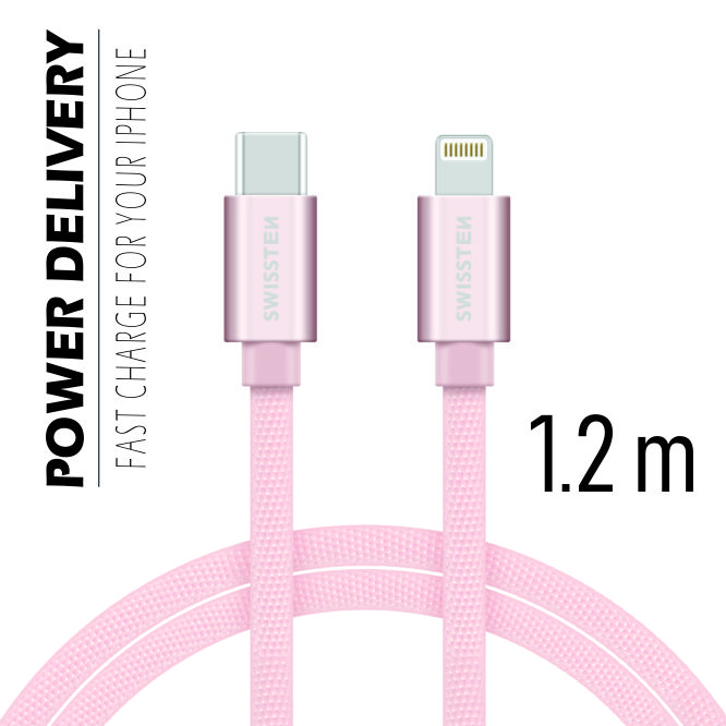 Dátový kábel Swissten Textile USB-C / Lightning 1,2 M, pink gold