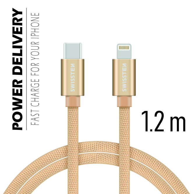 Dátový kábel Swissten Textile USB-C / Lightning 1,2 M, gold