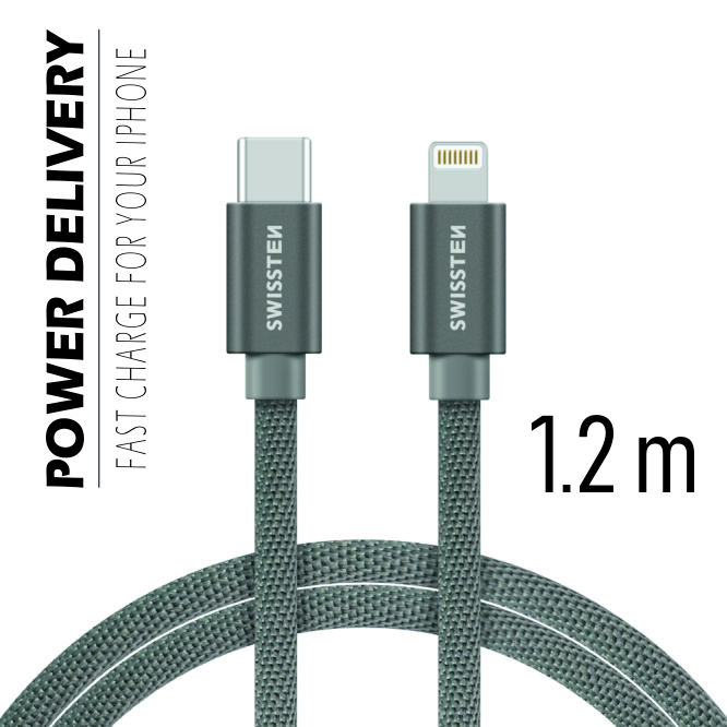 Dátový kábel Swissten Textile USB-C / Lightning 1,2 M, grey