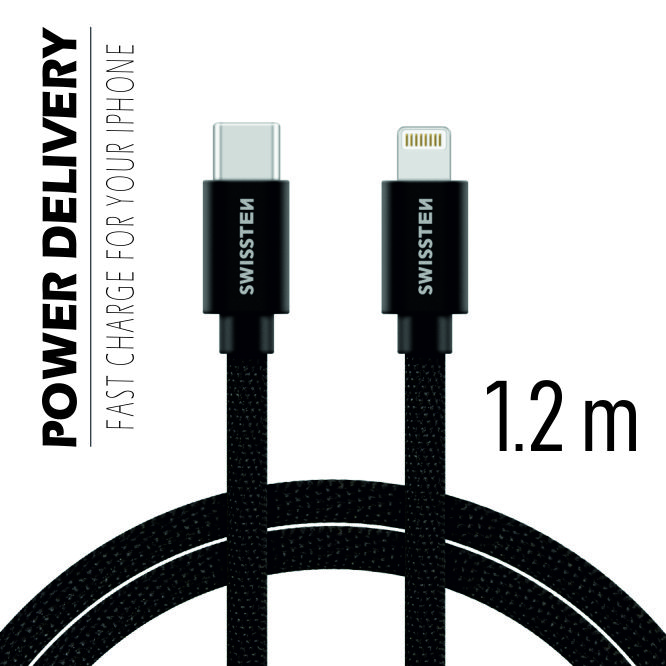 Dátový kábel Swissten Textile USB-C / Lightning 1,2 M, black