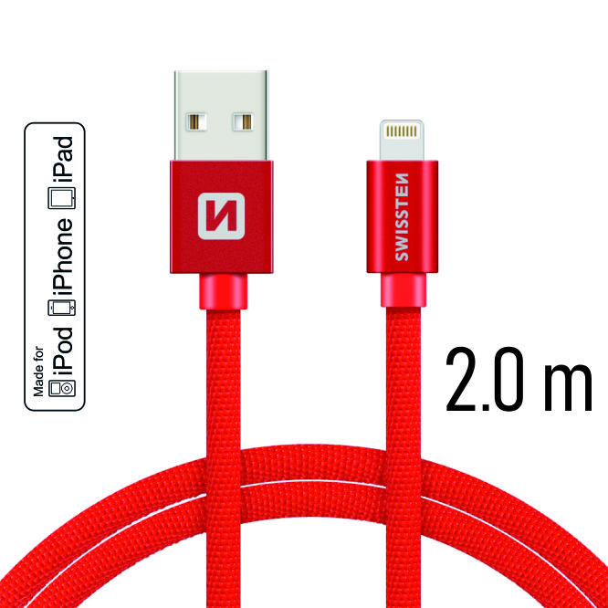 Dátový kábel Swissten Textile USB Lightning PFI 2,0 M, red