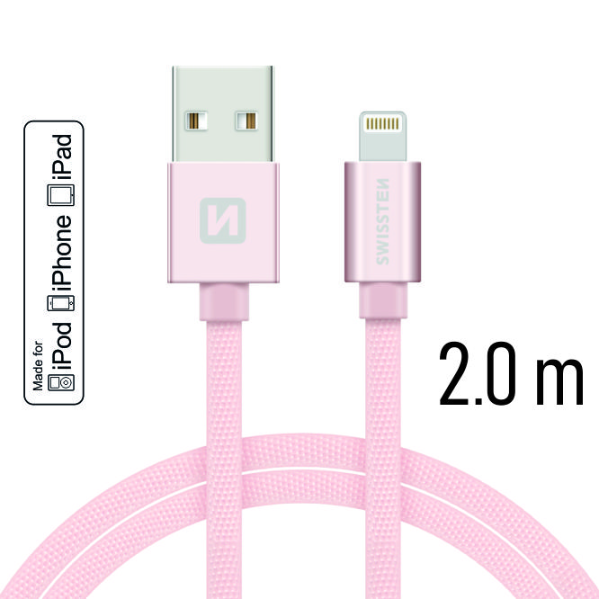 Dátový kábel Swissten Textile USB Lightning PFI 2,0 M, pink gold