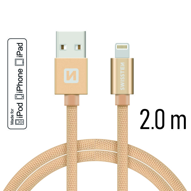 Dátový kábel Swissten Textile USB Lightning PFI 2,0 M, gold