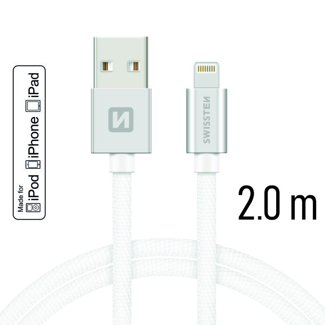 Dátový kábel Swissten Textile USB Lightning PFI 2,0 M, silver