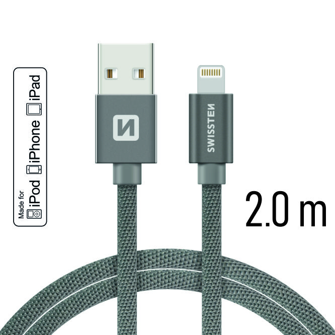 Dátový kábel Swissten Textile USB Lightning PFI 2,0 M, grey