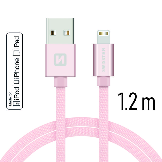 Dátový kábel Swissten Textile USB Lightning PFI 1,2 M, pink gold