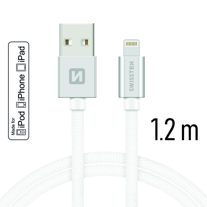 Dátový kábel Swissten Textile USB Lightning PFI 1,2 M, silver