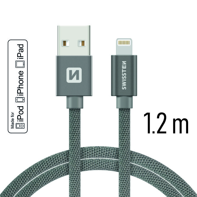 Dátový kábel Swissten Textile USB Lightning PFI 1,2 M, grey