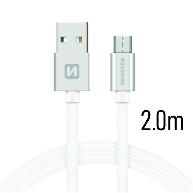 Dátový kábel Swissten Textile USB / micro 2 M, silver