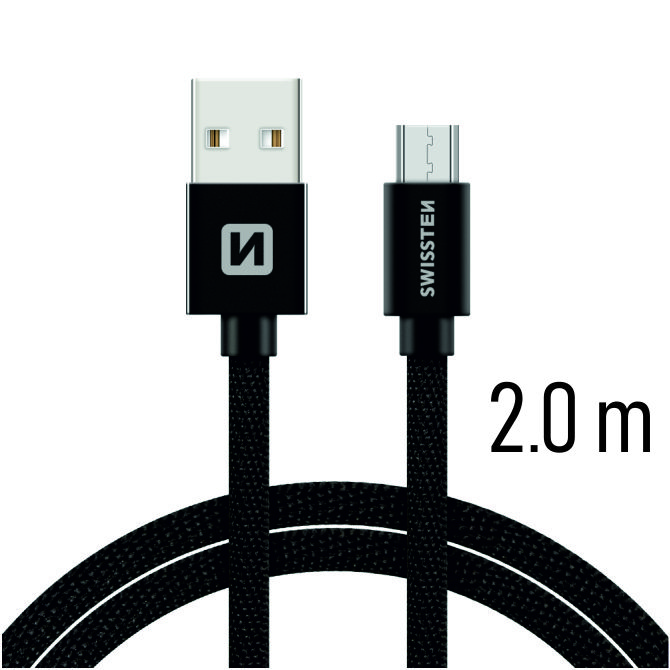 Dátový kábel Swissten Textile USB / micro 2 M, black