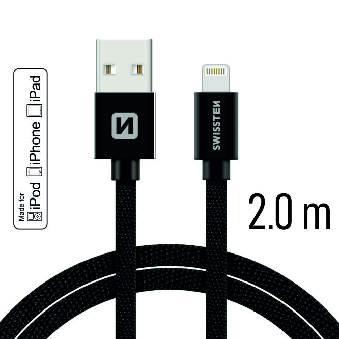Dátový kábel Swissten Textile USB / micro 2M, Lightning PFI, black