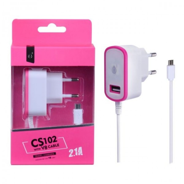 Nabíječka PLUS CS102,  kabel MicroUSB + USB výstup 5V/2,1A, pink